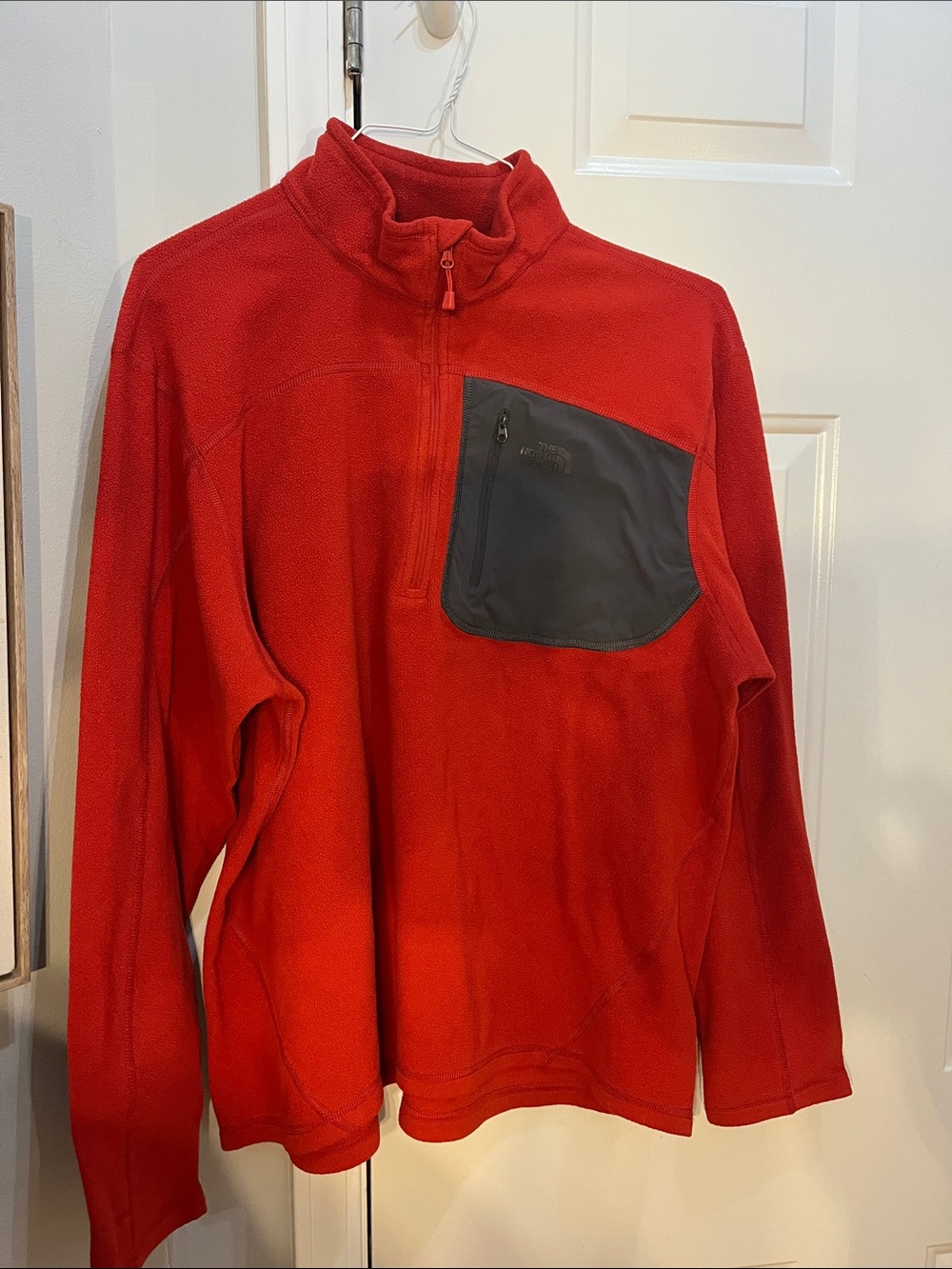 The North Face Men's Red Fleece Zip Pullover with Grey Chest Pocket